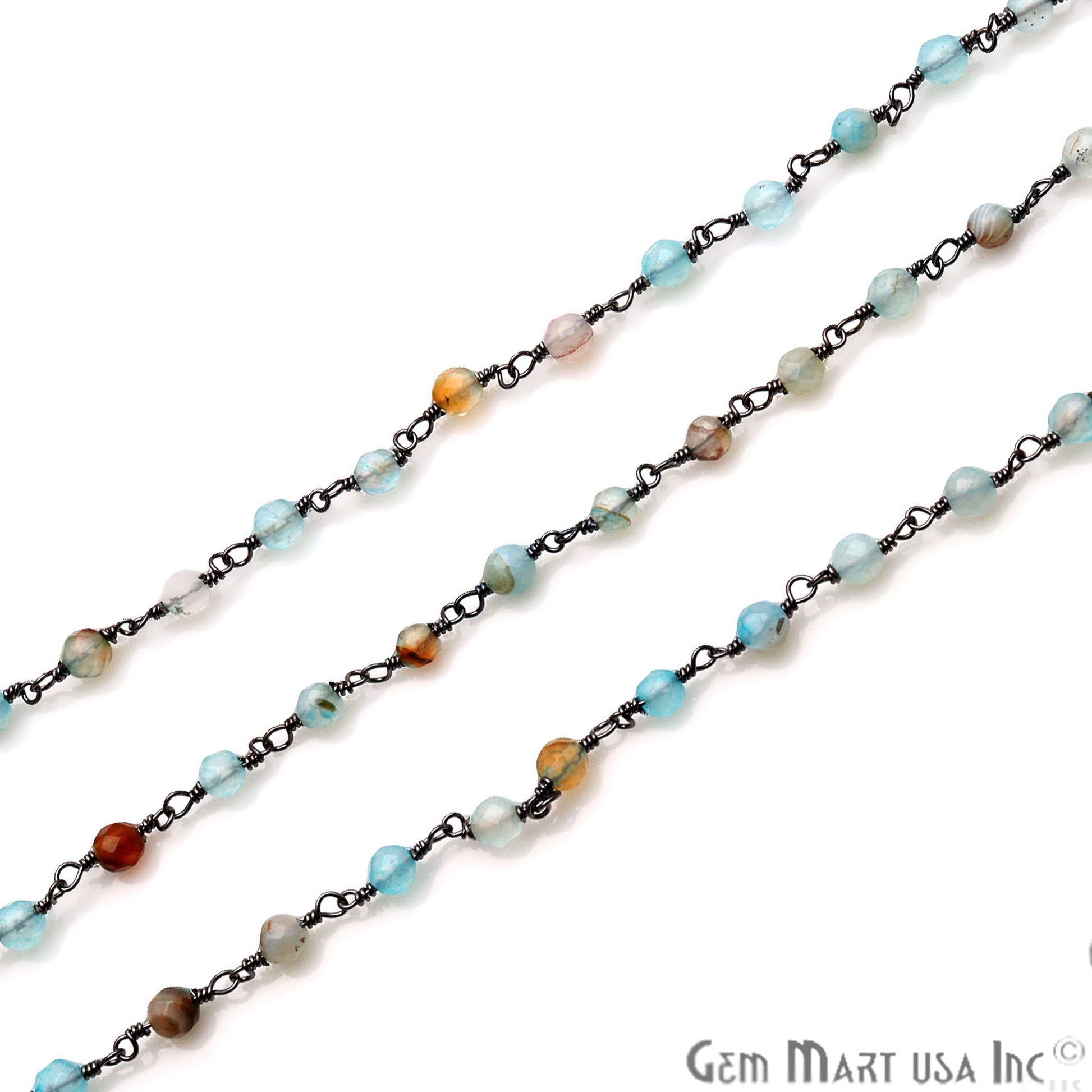 Blue Onyx Jade Faceted Beads Oxidized Plated Wire Wrapped Rosary Chain - GemMartUSA