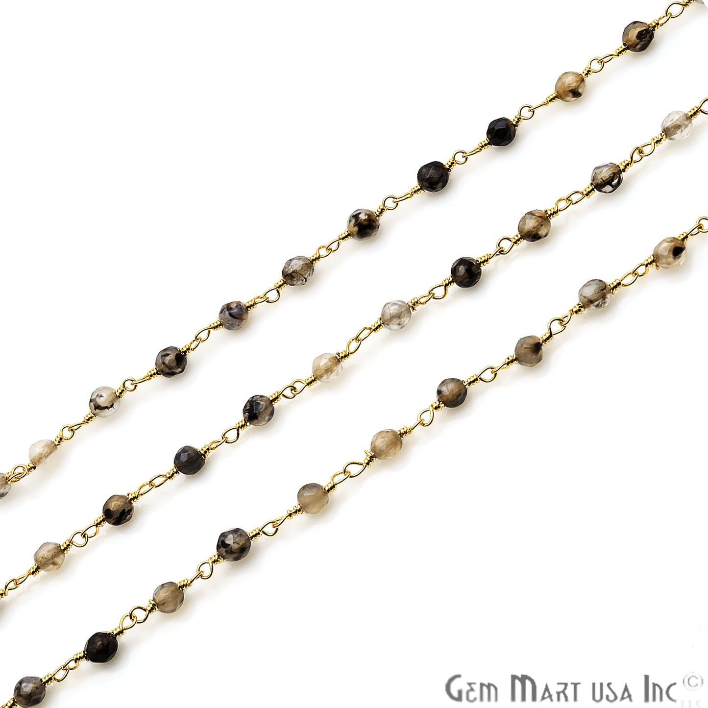 Brown Rutile Jade Faceted Beads 4mm Gold Plated Wire Wrapped Rosary Chain - GemMartUSA