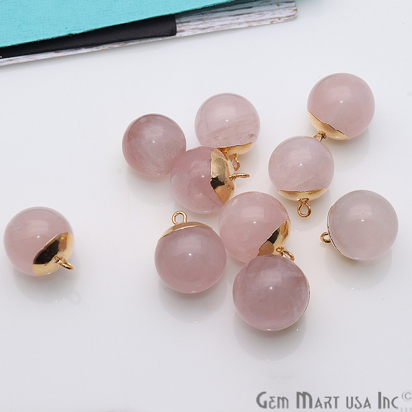 Rose Quartz 16x20mm Gold Electroplated Single Bail Charm Ball Connector - GemMartUSA