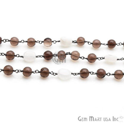 Rainbow Moonstone & Smoky Topaz Gemstone Oxidized Wire Wrapped Rosary Chain