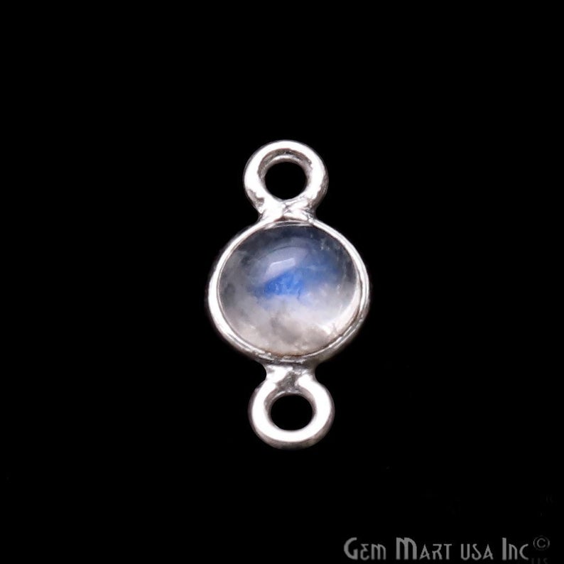 Rainbow Moonstone Cabochon 5mm Round Silver Plated Double Bail Gemstone Connector