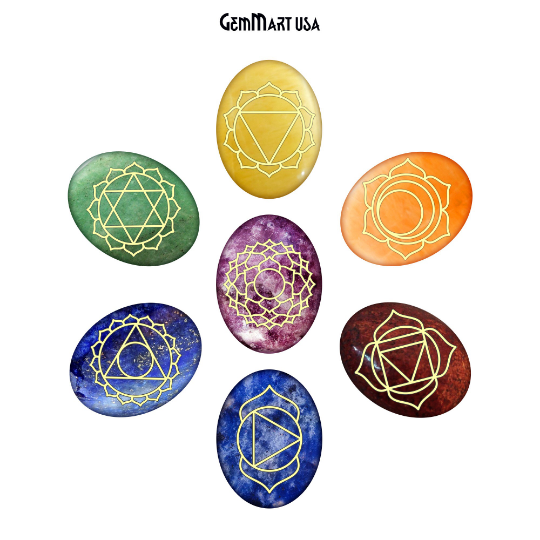 7 Chakra Of Life Healing 38-44mm Oval Gold Engraved Symbols Gemstones Box