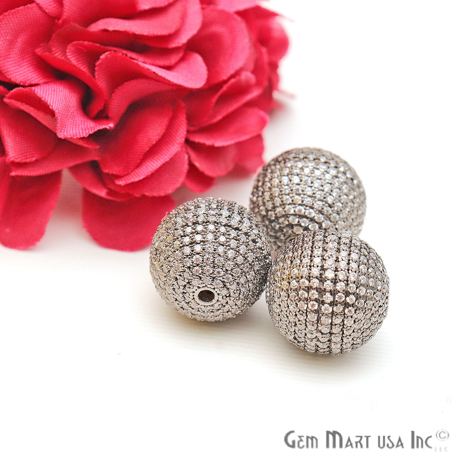 Cubic Zircon Round Beads Ball Silver Charm For Bracelet & Pendants - GemMartUSA