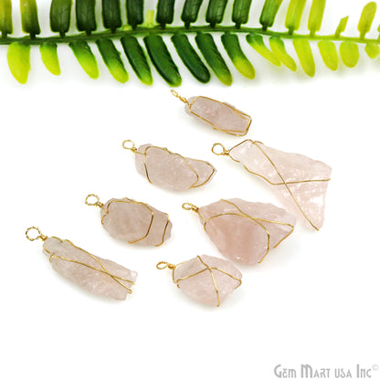 Rose Quartz Rough Gemstone 34x10mm Wire Wrapped Necklace Pendant