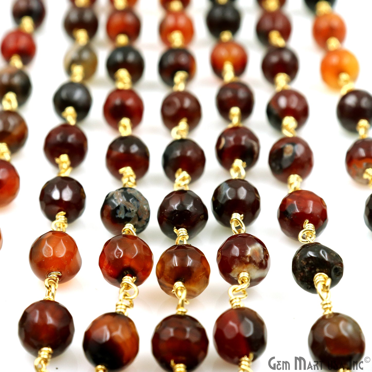 Dark Carnelian Jade Faceted 8mm Gold Plated Wire Wrapped Rosary Chain