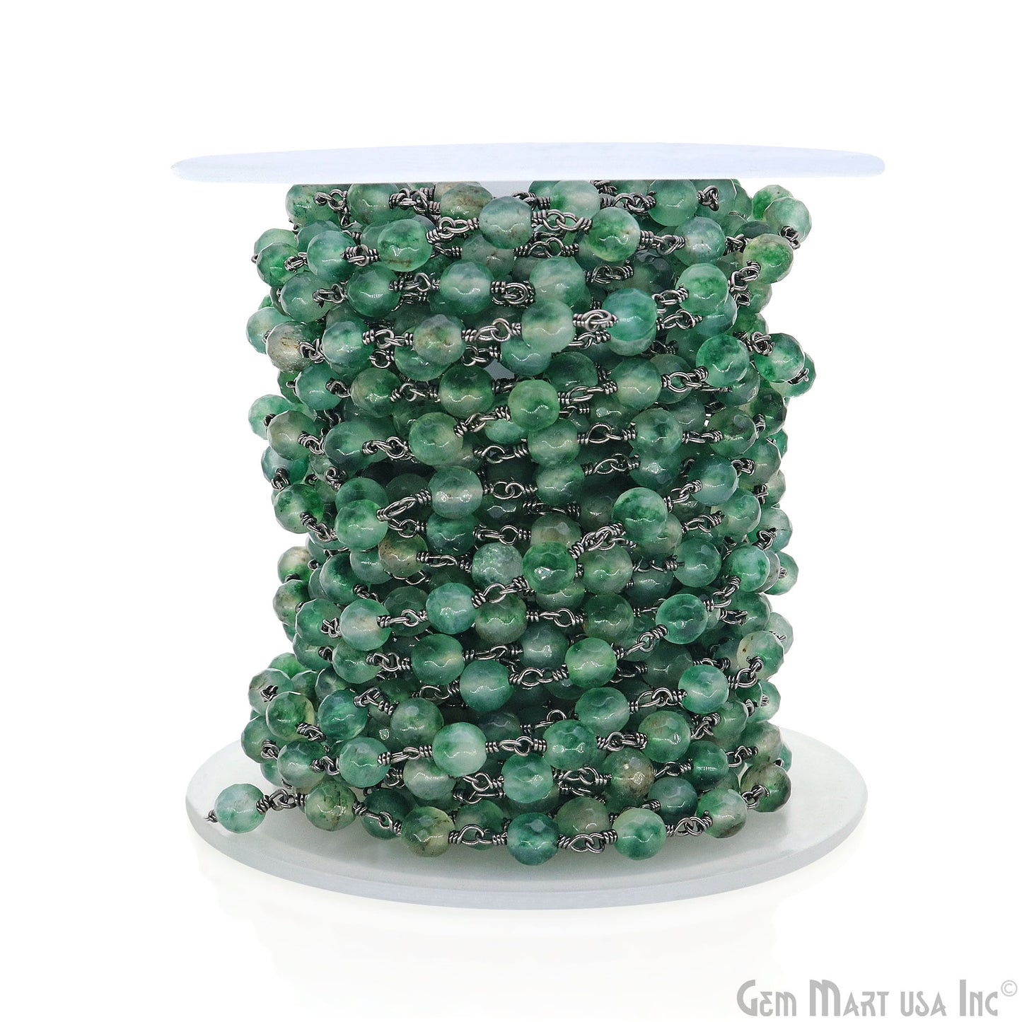 Emerald Jade Cabochon 6mm Beads Oxidized Wire Wrapped Rosary Chain