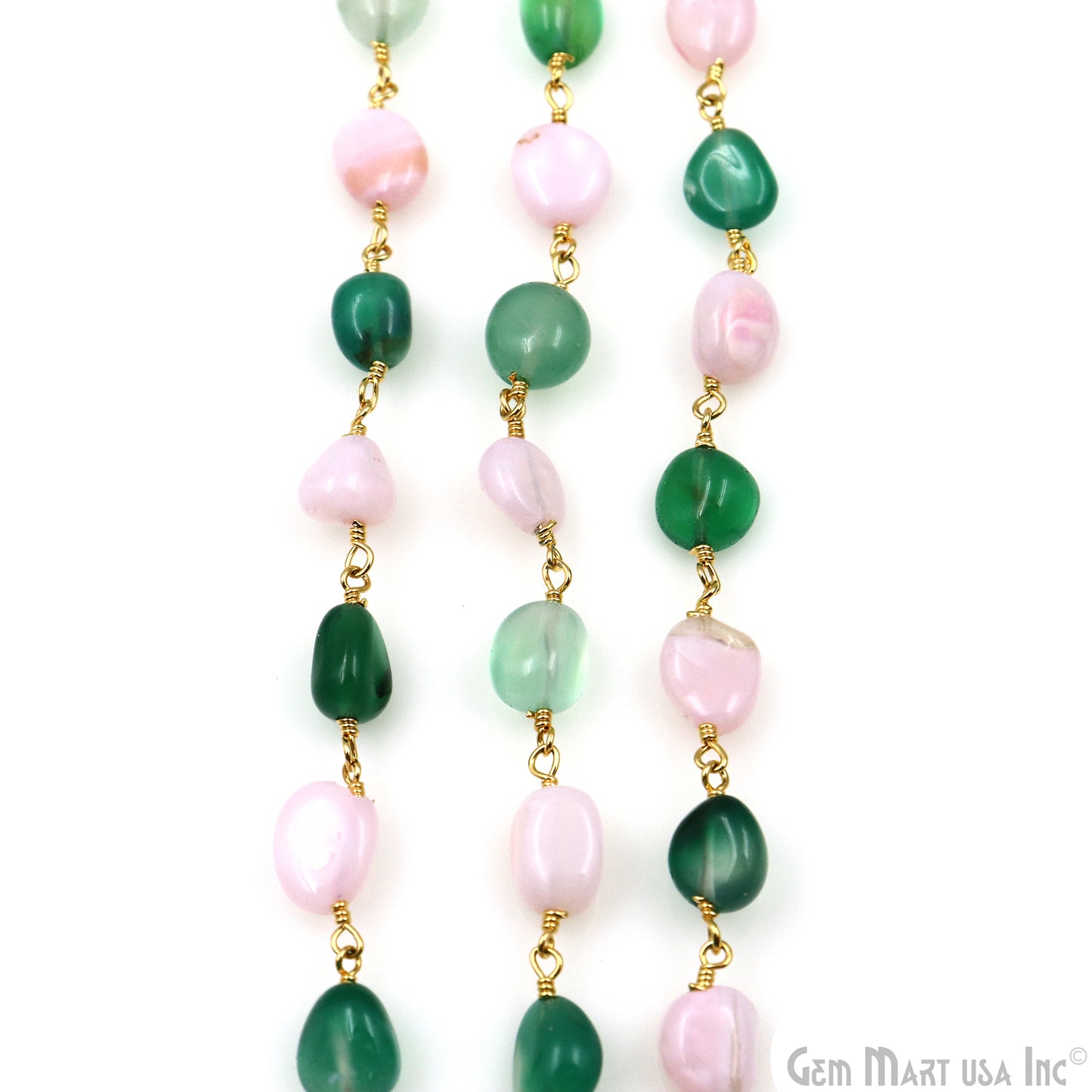 Shaded Green Onyx & Pink Opal 8x5mm Tumble Beads Gold Plated Rosary Chain