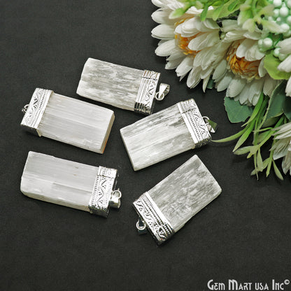 Selenite Rectangle 46x24mm Silver Connector Pendant