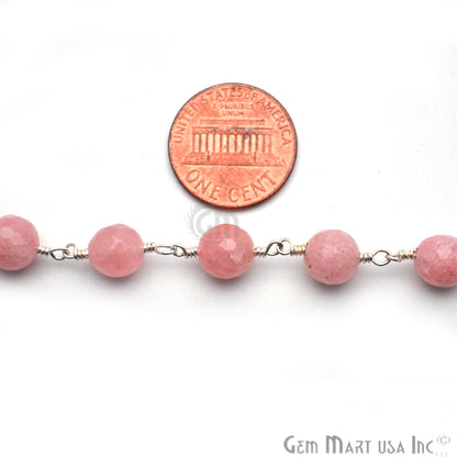 Pink Peach Jade Beads Silver Plated Wire Wrapped Rosary Chain (763960000559)