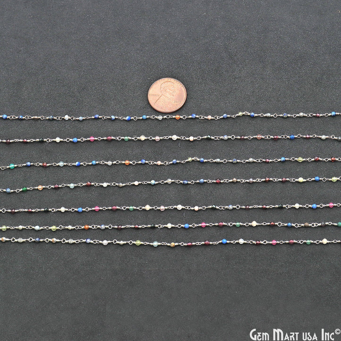 Multi Stone Faceted 2mm Silver Wire Wrapped Rosary Chain