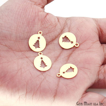 Christmas Tree Round Shape Laser Finding Gold Plated 13x16mm Charm For Bracelets & Pendants