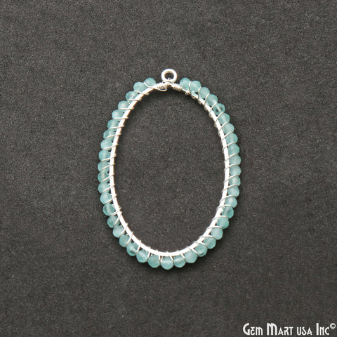 Aqua Chalcedony Oval Shape 52x35mm Silver Wire Wrapped Beads Hoop Connector