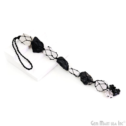 Selenite & Black Tourmaline Tumbled Gemstone Macrame Car/ Wall Crystal Hanging 11 Inch