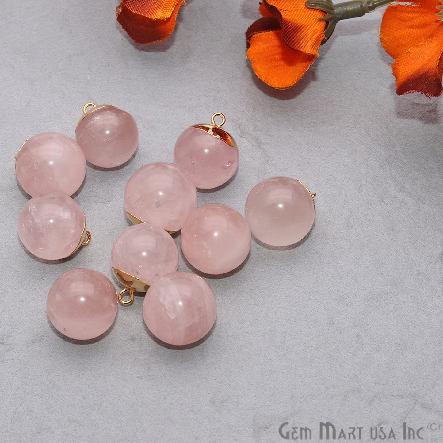 Rose Quartz 16x20mm Gold Electroplated Single Bail Charm Ball Connector - GemMartUSA