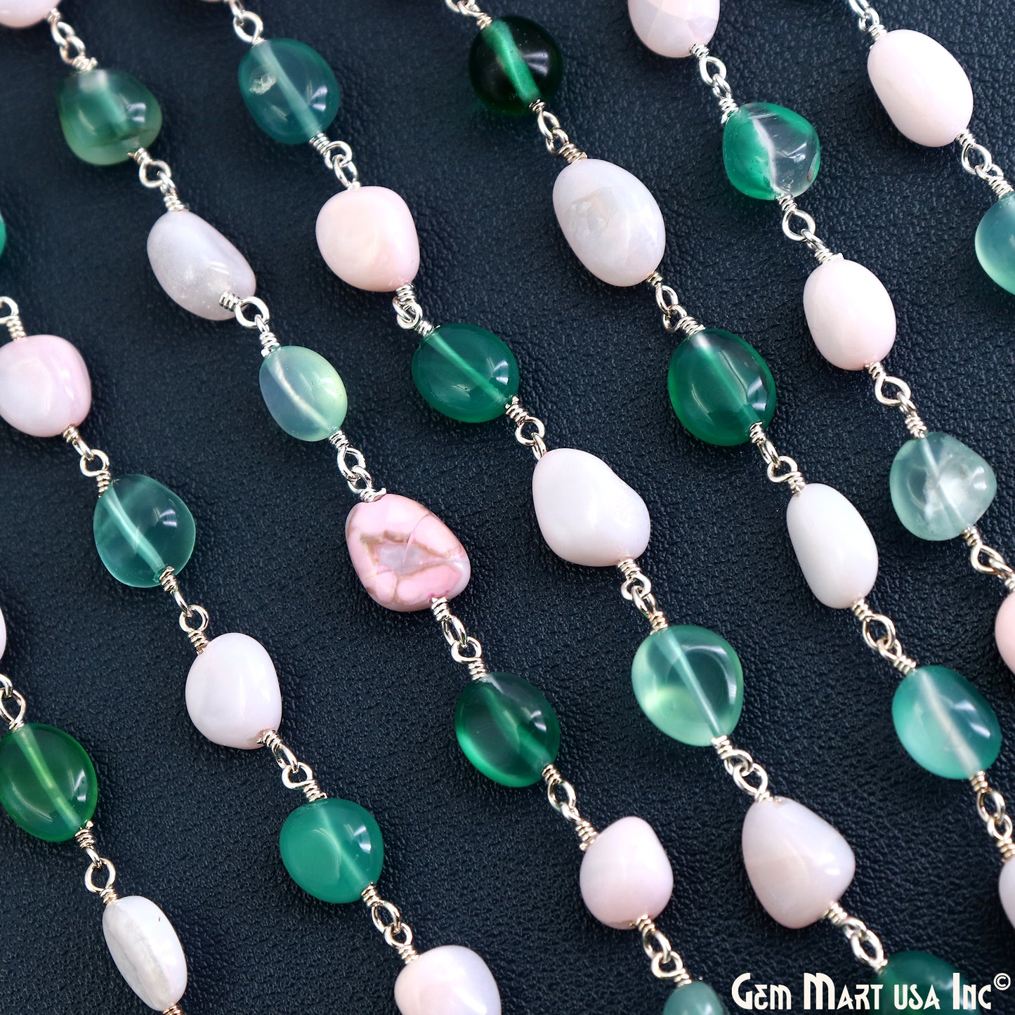 Shaded Green Onyx & Pink Opal 8x5mm Tumble Beads Silver Plated Rosary Chain