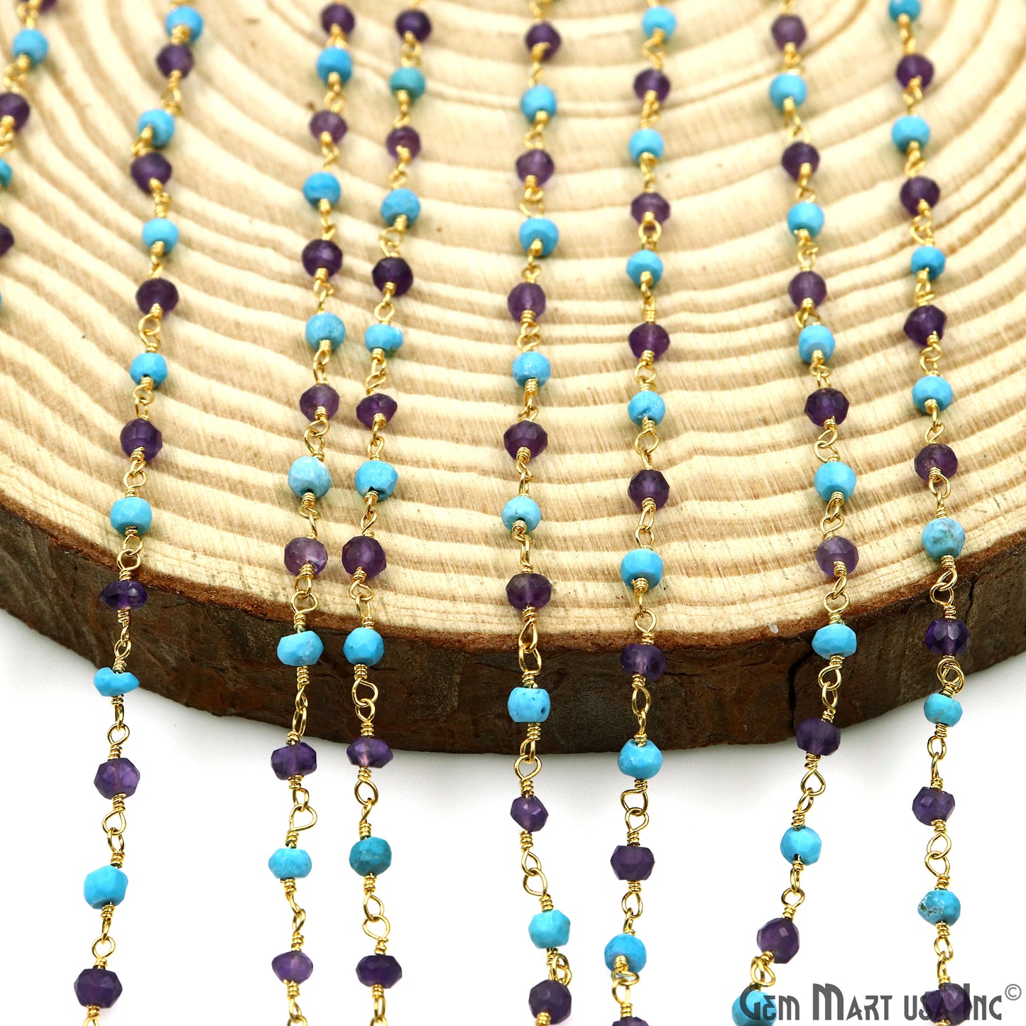 Amethyst & Turquoise 3-3.5mm Gold Plated Beaded Wire Wrapped Rosary Chain