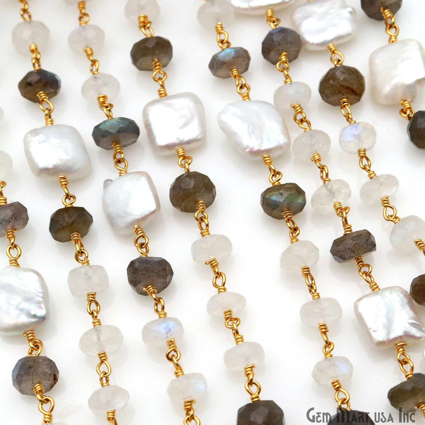 Labradorite, Rainbow Moonstone & Pearl Beads Gold Plated Rosary Chain