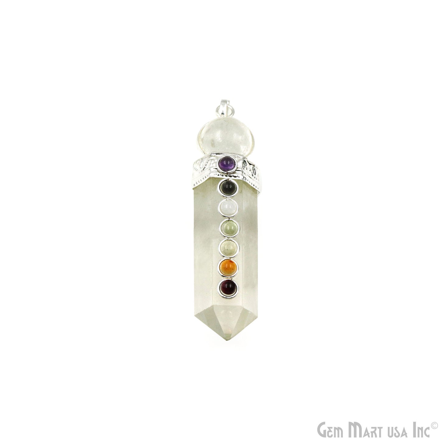 Crystal 7 Chakra 59x13mm Silver Plated Gemstones Necklace Pendant