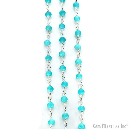 Dark Aqua Chalcedony Faceted Round 3-3.5mm Tiny Beads Silver Plated Wire Wrapped Rosary Chain