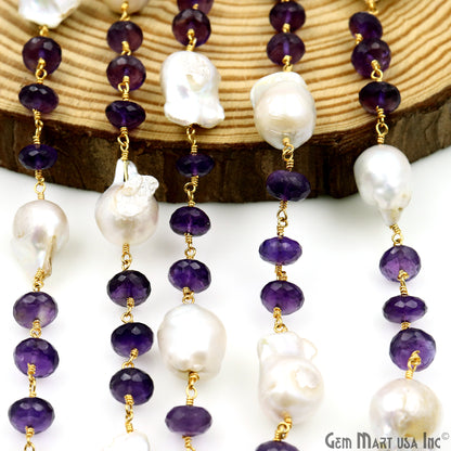 Amethyst 8-9mm & Pearl 17x12mm Beads Gold Plated Rosary Chain