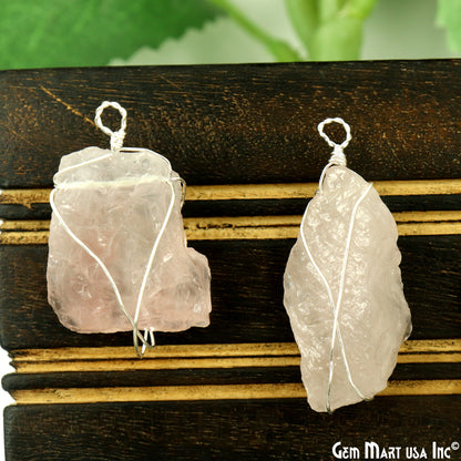 Rose Quartz Rough Gemstone 34x10mm Wire Wrapped Necklace Pendant