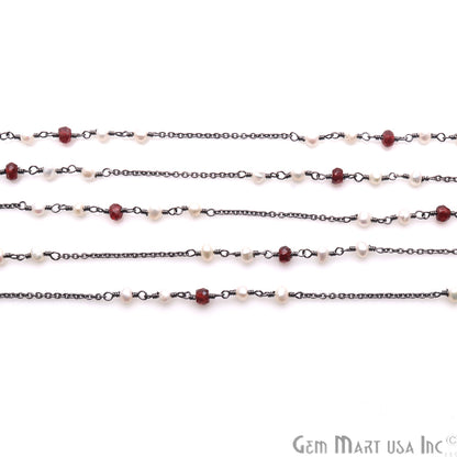 Garnet & Pearl Multi Gemstone Beaded Oxidized Wire Wrapped Rosary Chain