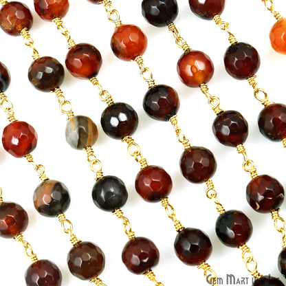 Dark Carnelian Jade Faceted 8mm Gold Plated Wire Wrapped Rosary Chain