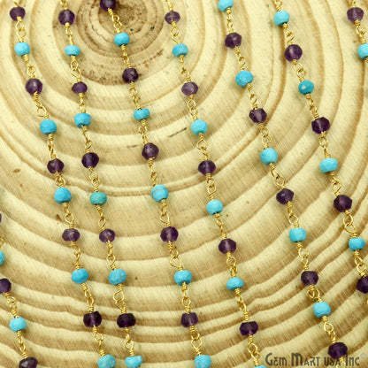 Amethyst & Turquoise 3-3.5mm Gold Plated Beaded Wire Wrapped Rosary Chain