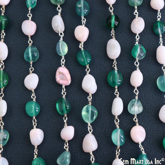 Shaded Green Onyx & Pink Opal 8x5mm Tumble Beads Silver Plated Rosary Chain