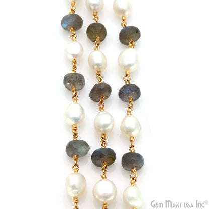 Labradorite & Pearl Beads 8-9mm Gold Plated Rosary Chain