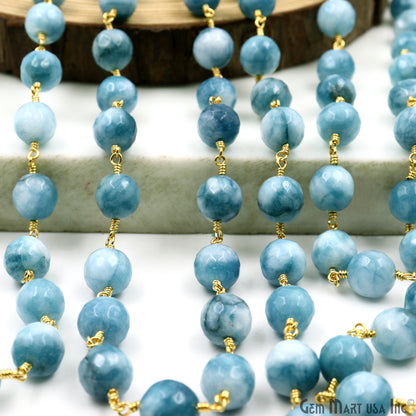 Shaded Turquoise Faceted Beads 10mm Gold Plated Wire Wrapped Rosary Chain