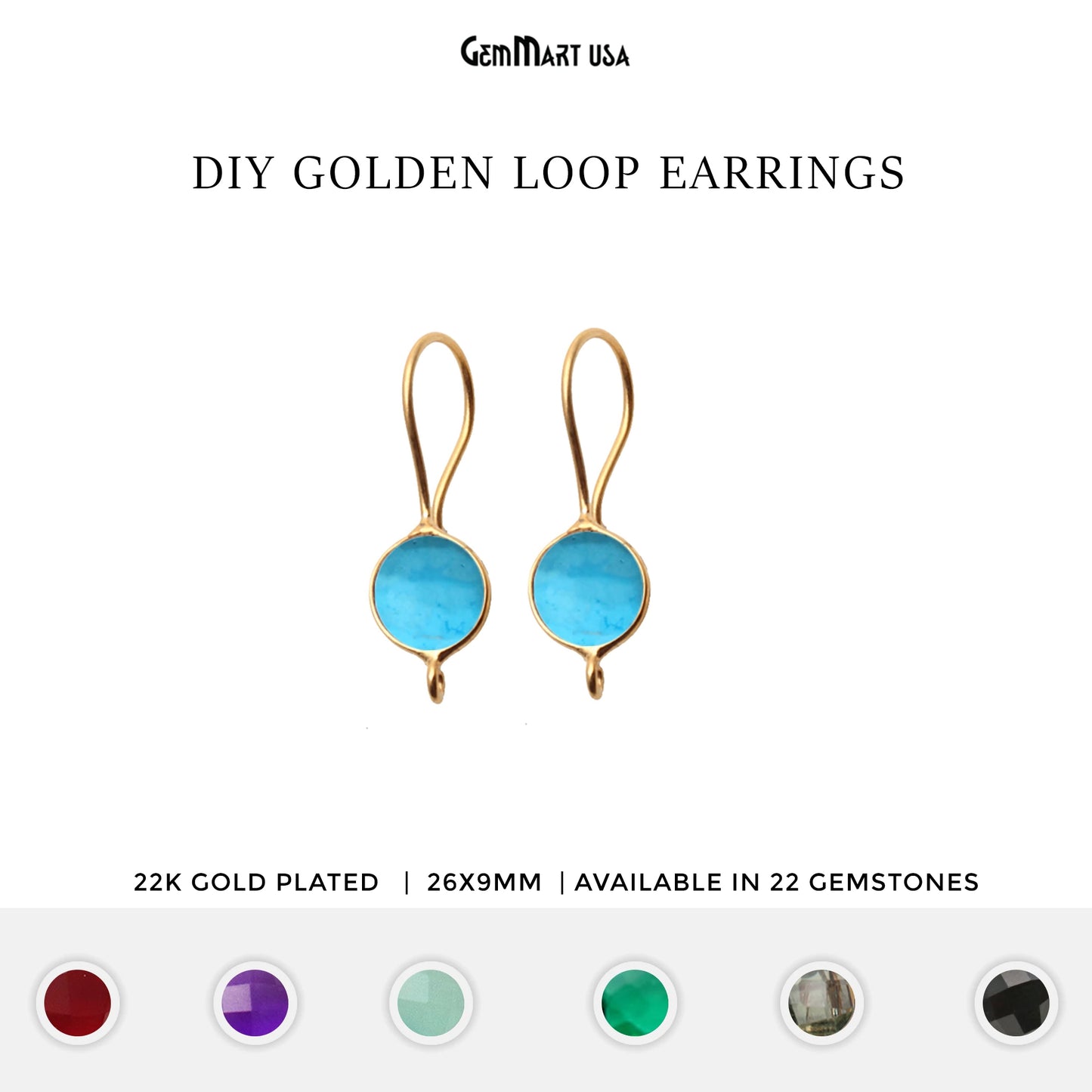 DIY Gemstone 26x9mm Gold Plated Round Hook Earring