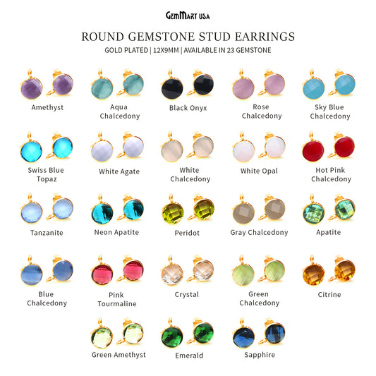 Round Faceted 12x9mm Single Bail Gold Plated Gemstone Stud Earrings