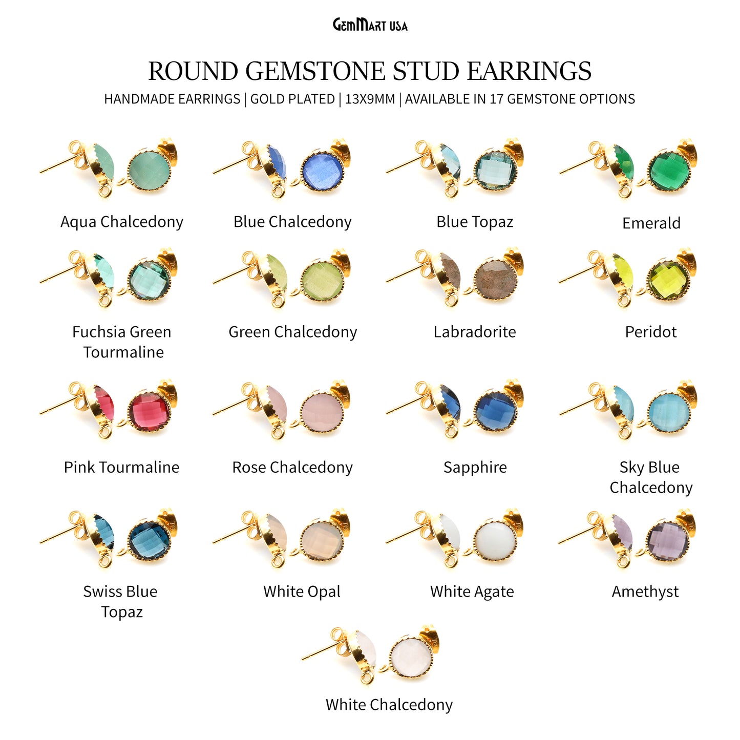 DIY Round 8mm Gold Bail Gemstone stud Earring