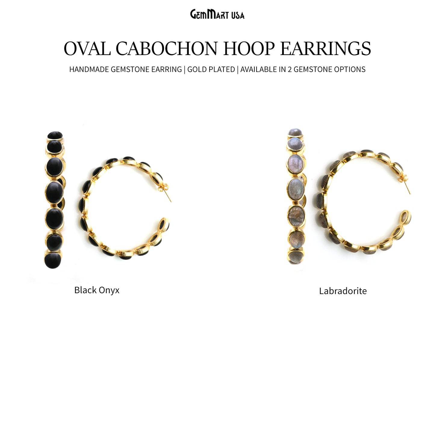 Gemstone Oval Cabochon 7x5mm Gold Plated Round 54mm Hoop Earrings