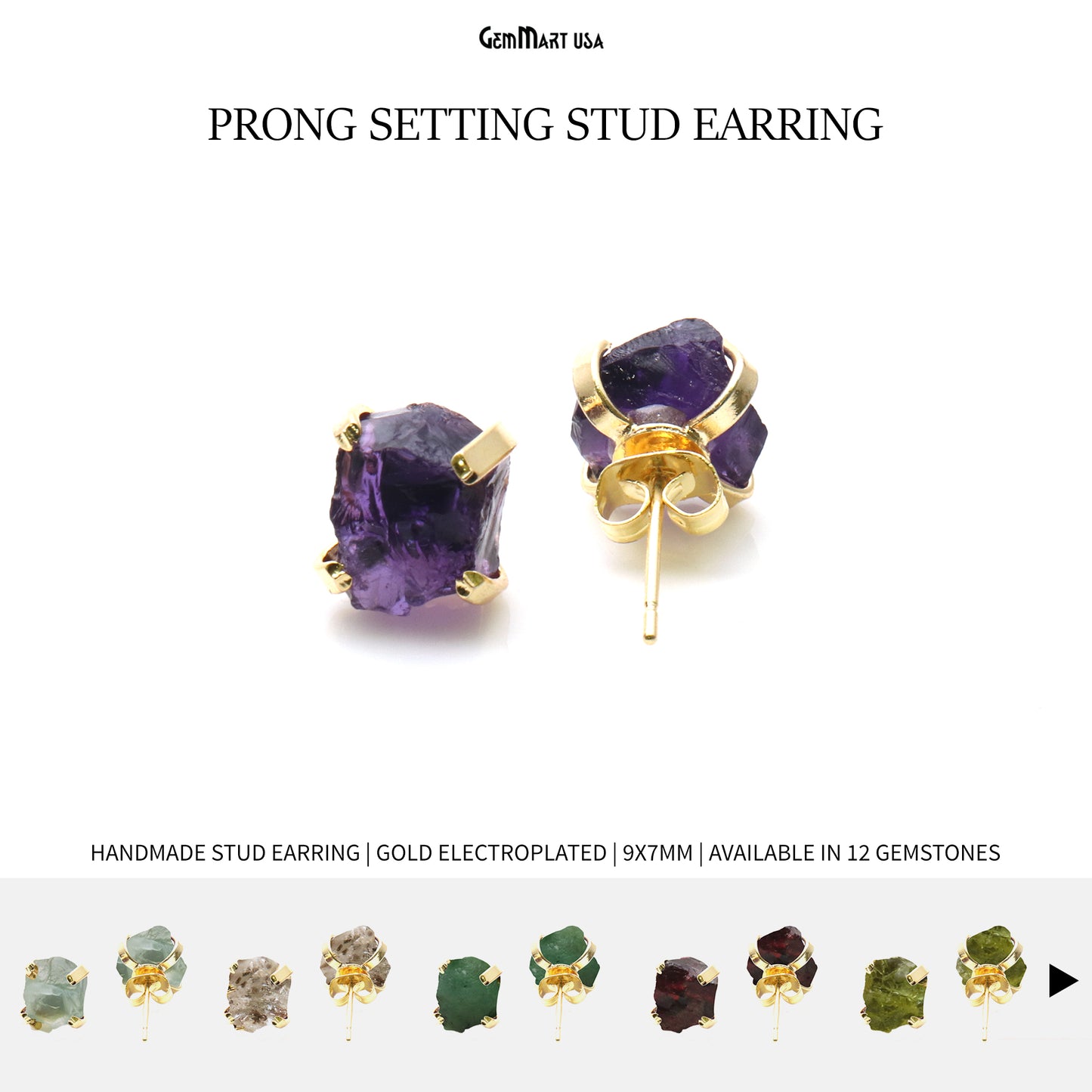 Natural Rough Gemstone 9x7mm Gold Electroplated Prong Setting Stud Earring