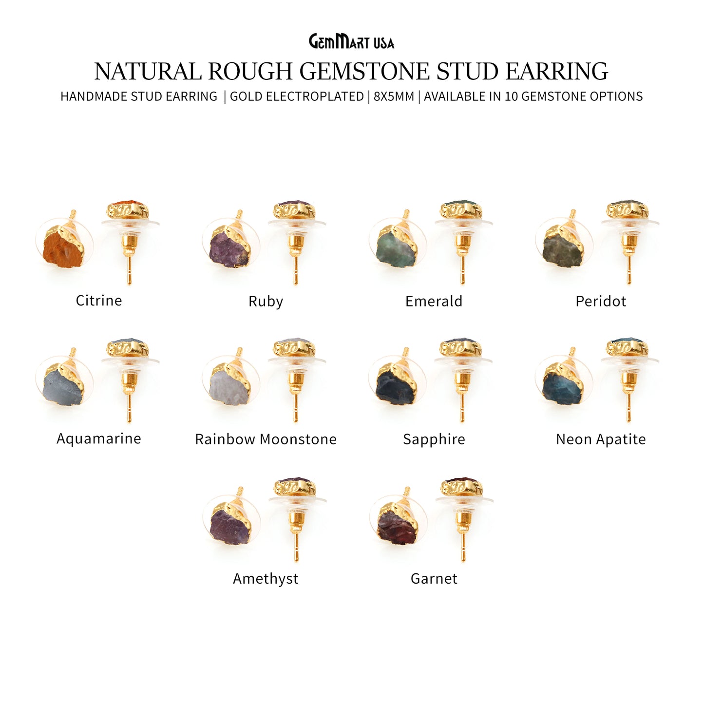 Natural Rough Gemstone 8x5mm Gold Electroplated Stud Earring