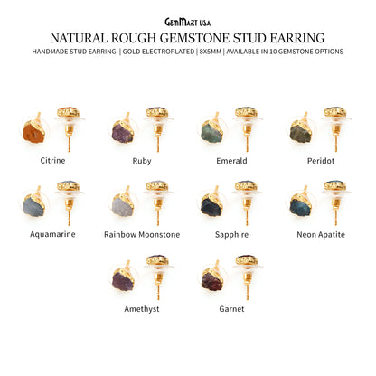 Natural Rough Gemstone 8x5mm Gold Electroplated Stud Earring