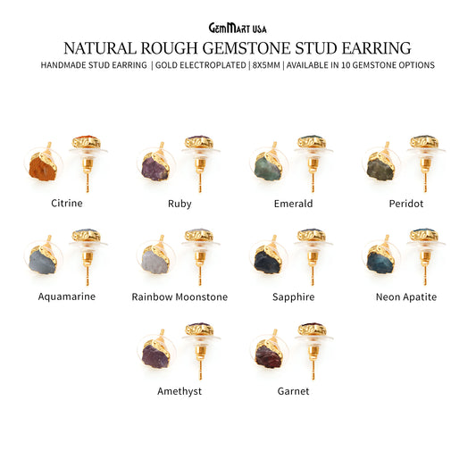 Natural Rough Gemstone 8x5mm Gold Electroplated Stud Earring