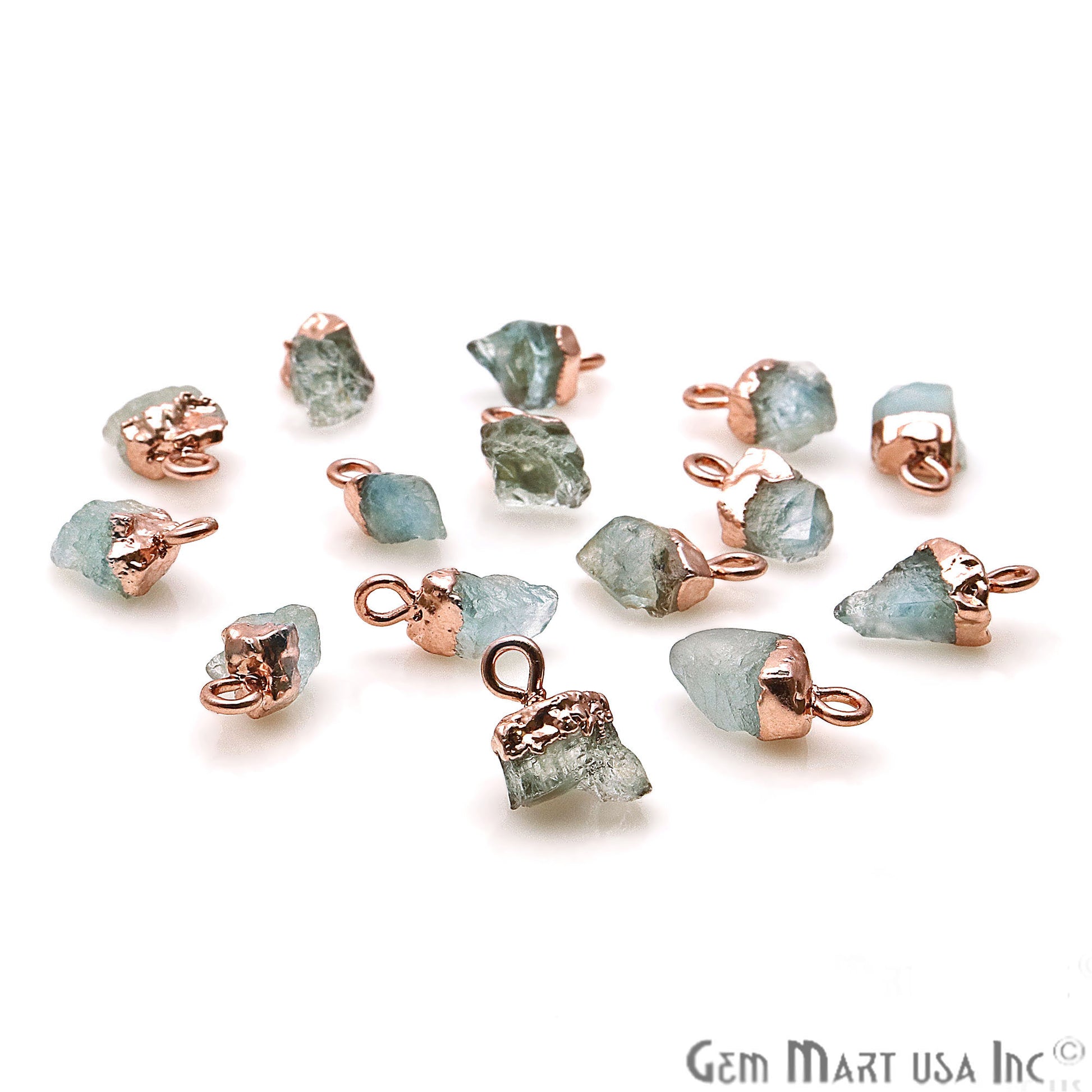 Rough Aquamarine Gemstone 11x5mm Organic Rose Gold Edged Connector - GemMartUSA