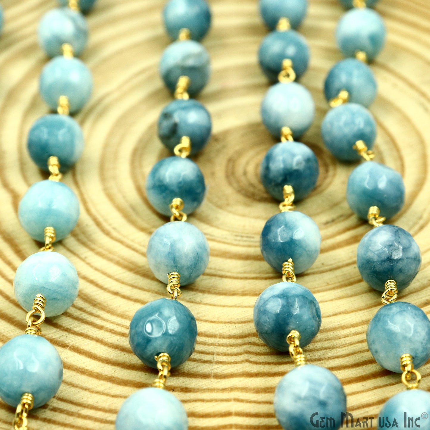 Shaded Turquoise Faceted Beads 10mm Gold Plated Wire Wrapped Rosary Chain