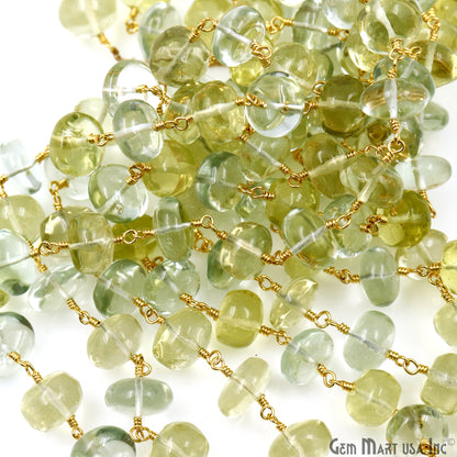 Green Amethyst & Lemon Topaz Cabochon Beads 9-10mm Gold Wire Wrapped Rosary Chain