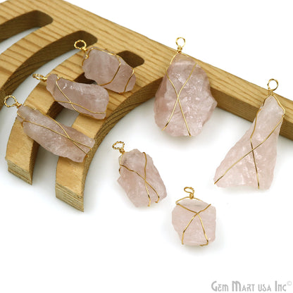 Rose Quartz Rough Gemstone 34x10mm Wire Wrapped Necklace Pendant