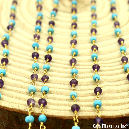 Amethyst & Turquoise 3-3.5mm Gold Plated Beaded Wire Wrapped Rosary Chain