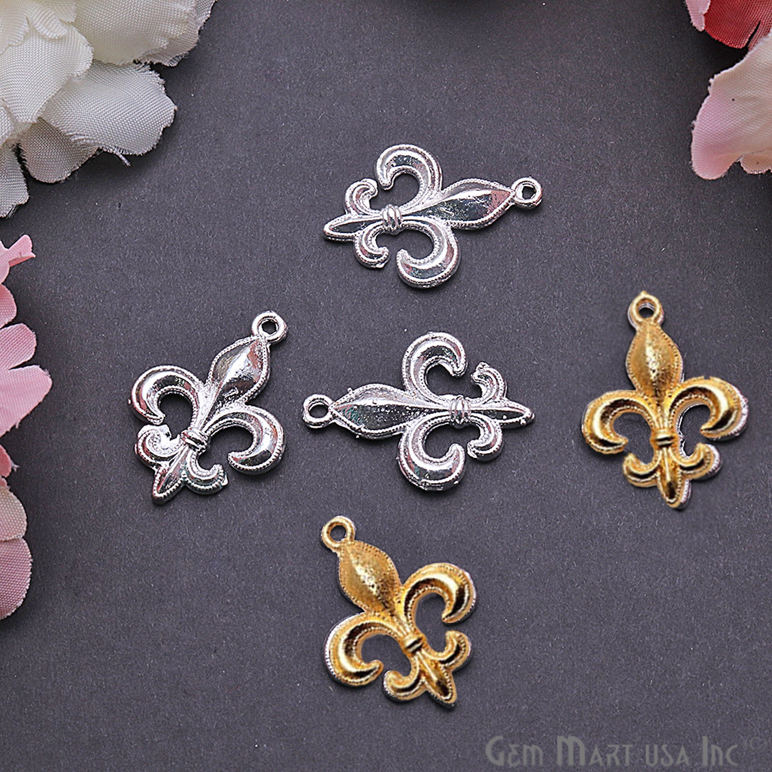 Fleur de Lis 28x19mm Chandelier Finding Charm Connector (Pick Your Metal) - GemmartUSA