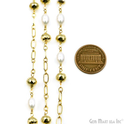 Golden Pyrite 6-7mm & Pearl Round Beads Gold Plated Finding Rosary Chain