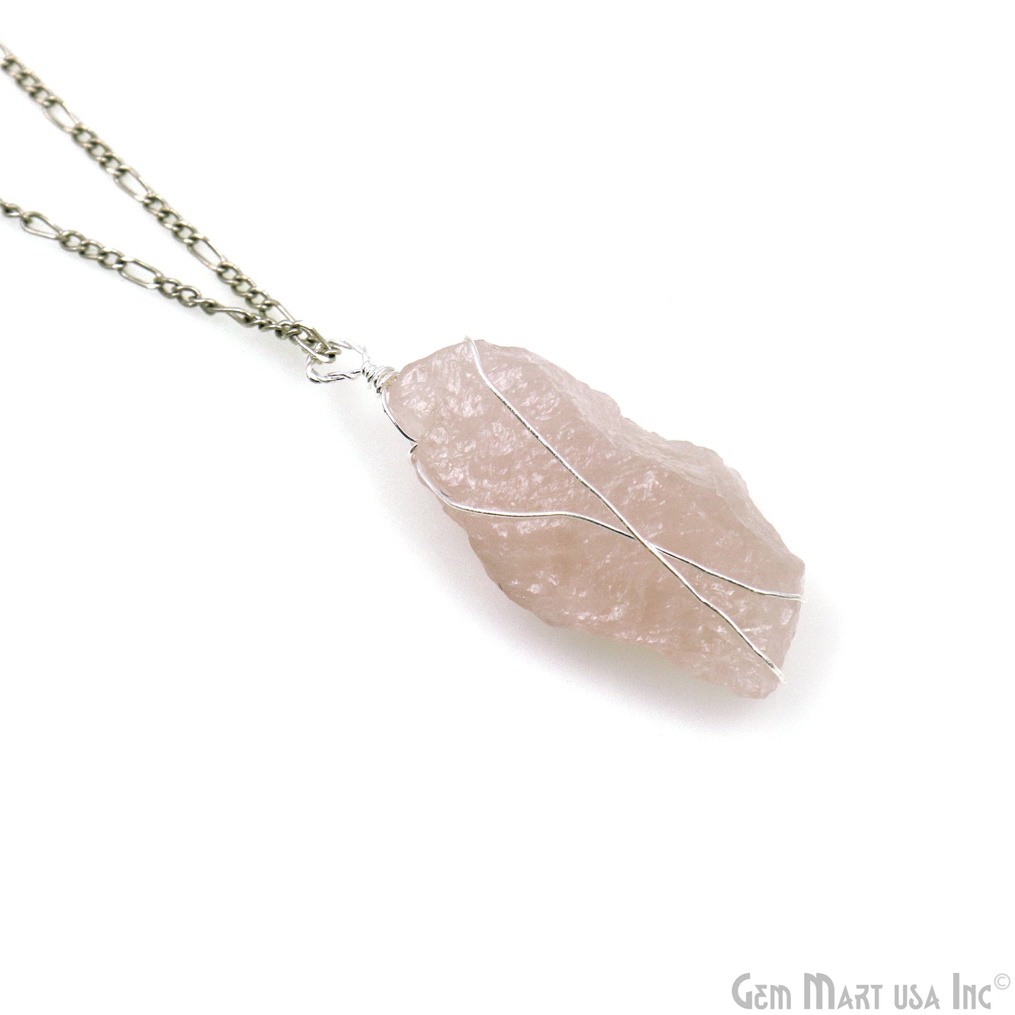 Rose Quartz Rough Gemstone 34x10mm Wire Wrapped Necklace Pendant
