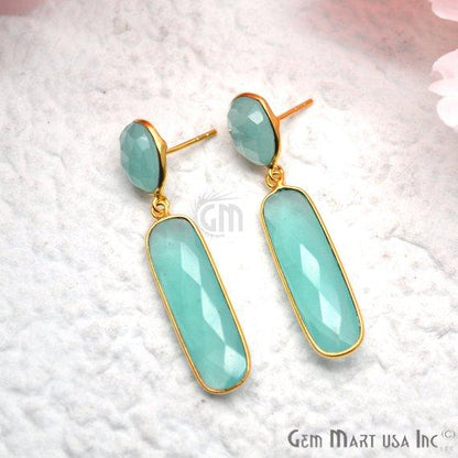 Rectangle and Round Shape 46x10mm Gold Plated Gemstone Dangle Studs (Pick your Gemstone) (90230-1) - GemMartUSA