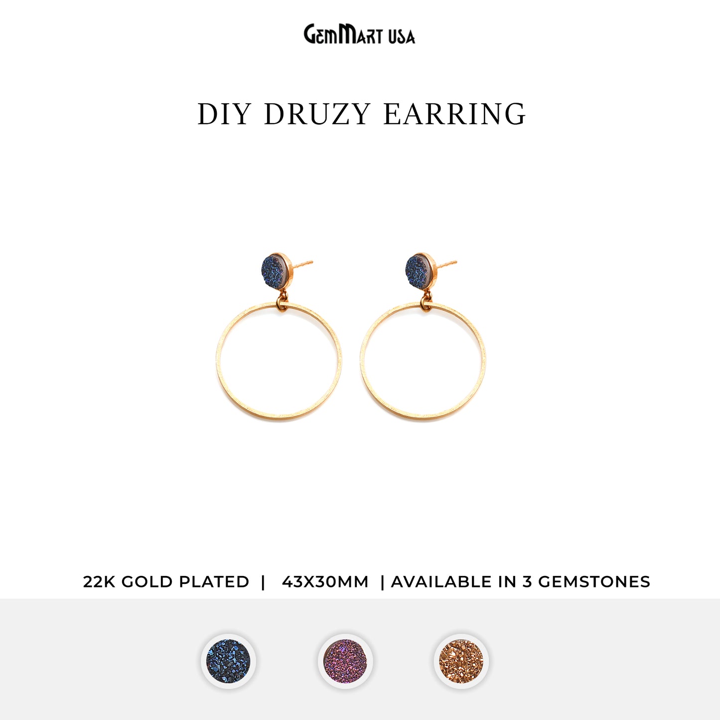 Round Druzy 43x30mm Gold Plated Dangle Hoop Stud Earring (Pick Color)