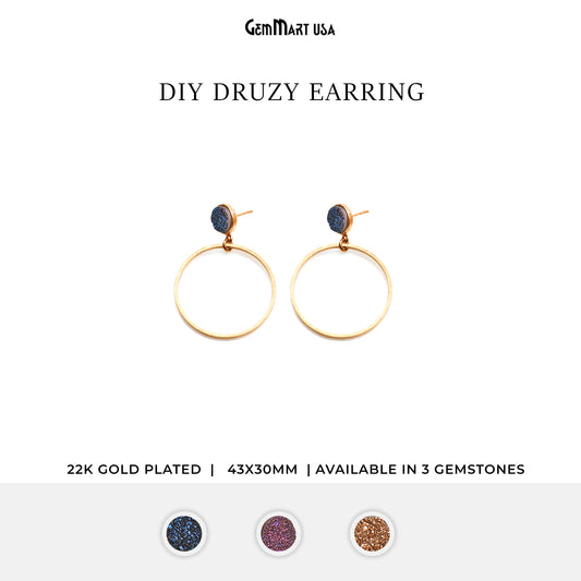 Round Druzy 43x30mm Gold Plated Dangle Hoop Stud Earring (Pick Color)